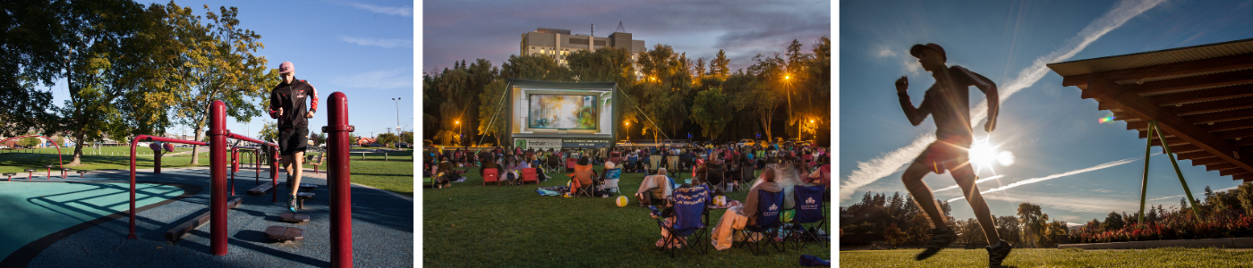 Three images in polson park, the outdoor exercise area, a movie on the bandshell, and someone running at the track
